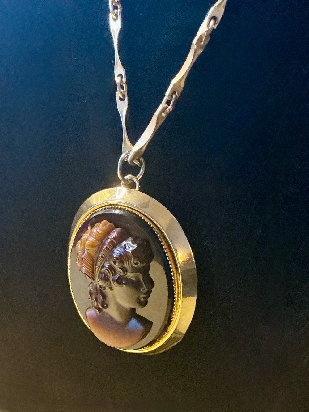 Vintage Victorian Revival Cameo 36” Necklace Pressed Glass Brown Lady